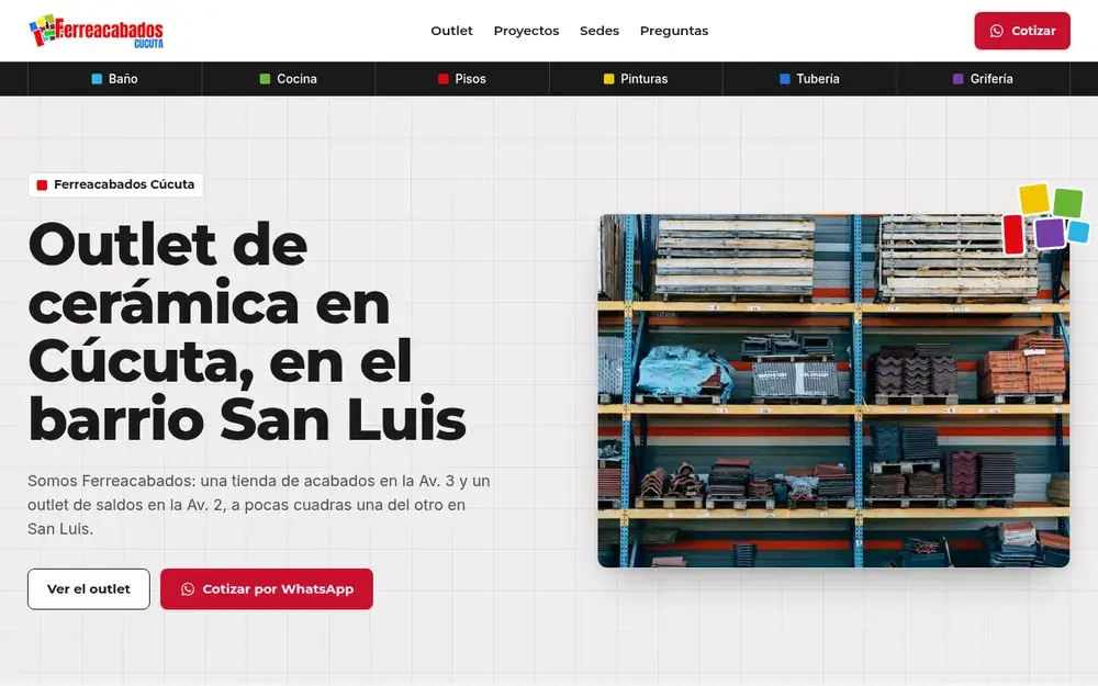 Primera pantalla de la propuesta para una ferretería con outlet de cerámica
